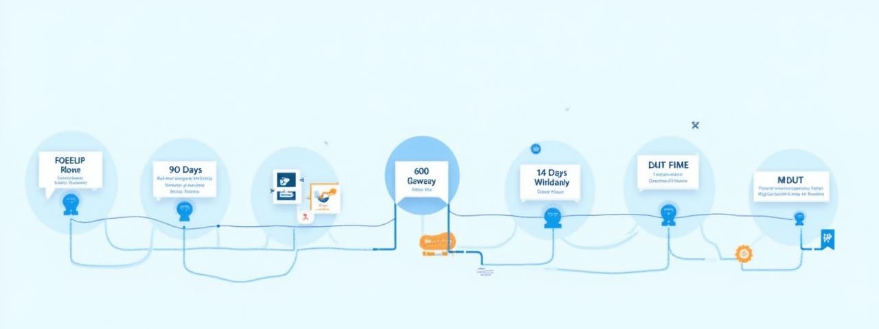 A visual timeline diagram showing 90-day, 60-day, 30-day, and 14-day milestones for preparing and submitting a business loan application, detailing specific tasks at each stage.