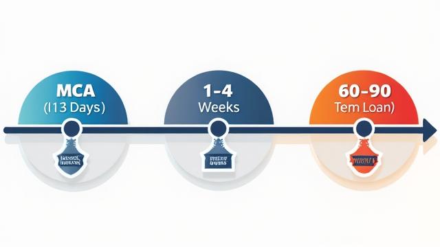 Infographic showing differing timelines for loan approval: MCA (1-3 days), Term Loan (1-4 weeks), SBA Loan (60-90 days).
