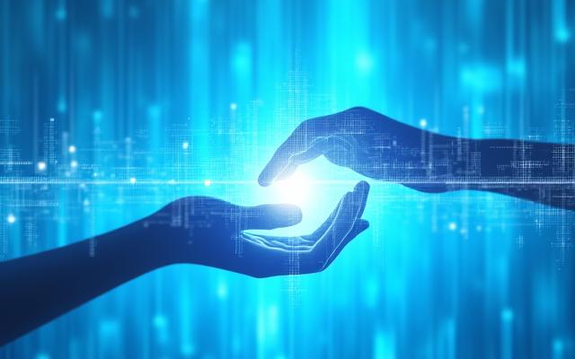 A professional illustration of two hands shaking over a complex, abstract network of data lines, symbolizing clear communication and partnership.