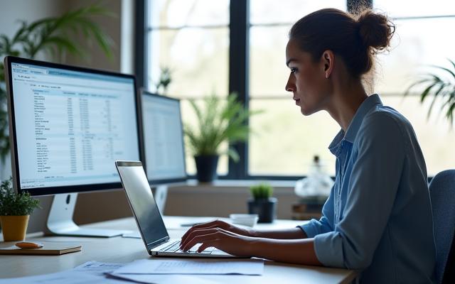 A focused image of a woman working at a minimalist desk, reviewing a complex financial spreadsheet while holding a cup of coffee, indicating focused support.
