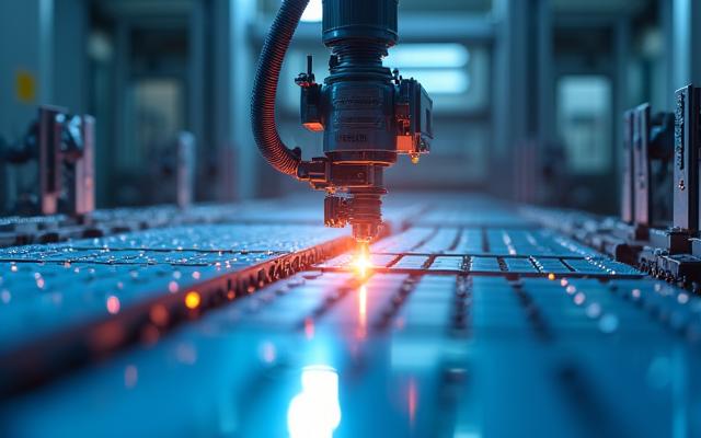 High-tech manufacturing environment focused on renewable energy components, possibly battery cells or advanced solar materials, depicting precision and innovation.