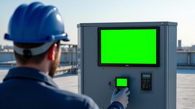 A worker performing an energy audit or maintenance on a commercial HVAC unit on a clean rooftop, symbolizing energy efficiency and infrastructure upgrades.