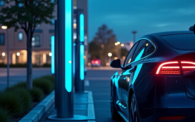A sleek, modern DC fast charging station in a suburban commercial parking lot, with an electric vehicle actively charging. The image emphasizes the technological and accessible design.