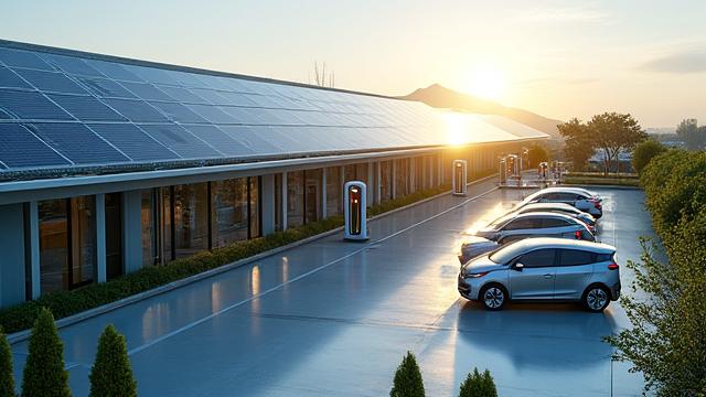 Photorealistic image of a sleek, modern commercial building featuring rooftop solar panels and visible EV charging stations in the foreground, clean energy infrastructure.