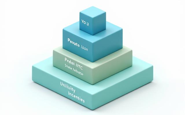A visual diagram illustrating 'Incentive Stacking' with layers of blue, green, and gold blocks representing financing, federal tax credits, state rebates, and utility cash flows, all building to form a secure capital foundation.