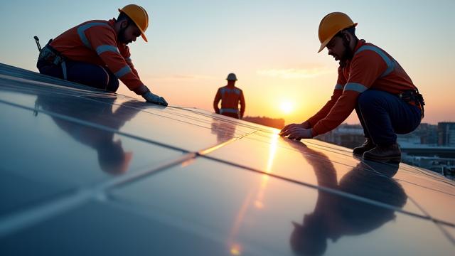 A focused shot of professional solar installers on a commercial rooftop, wearing safety gear and installing high-efficiency solar panels, capturing the tangible work of the industry.
