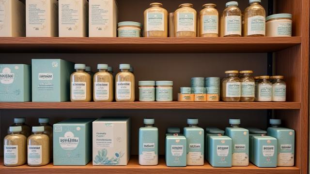 A clean, organized inventory shelf filled with sustainable, organically packaged CPG products (e.g., eco-friendly cleaning supplies or organic food), emphasizing professional logistics and appealing design.