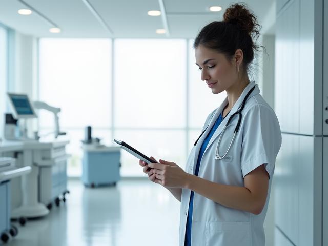 A bright, modern medical facility with a healthcare professional reviewing digital charts, symbolizing advanced practice management and specialized financing.