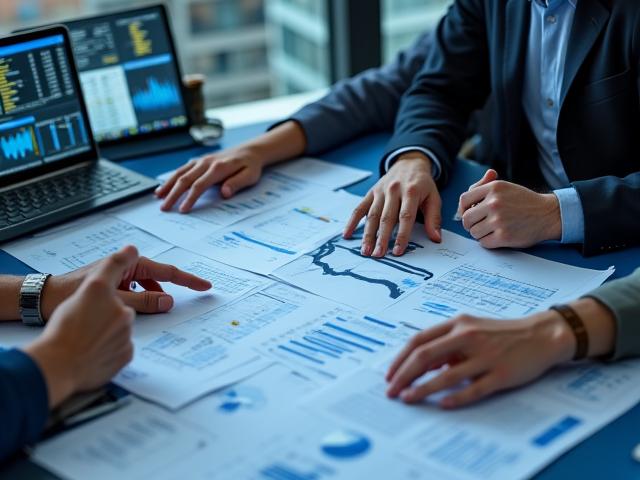 Two professionals, a doctor and an advisor, reviewing complex financial documents and charts on a clean modern desk, symbolizing due diligence and structured financing.
