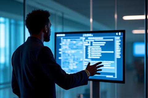African American tech entrepreneur presenting data on a large screen in a modern co-working space.