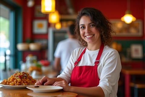 Smiling Latina restaurant owner standing behind the counter of her busy, brightly lit restaurant.