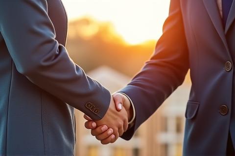 Veteran contractor in safety gear shaking hands with a client on a residential construction site.