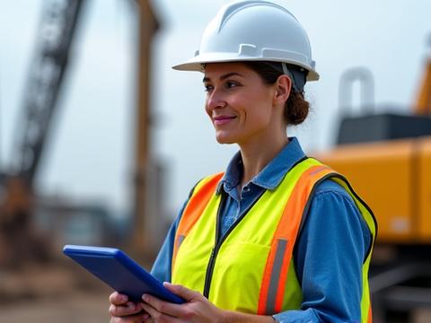 Female veteran wearing a construction hardhat and safety vest reviewing blueprints at a commercial job site, symbolizing successful entrepreneurship in a traditionally male-dominated industry.