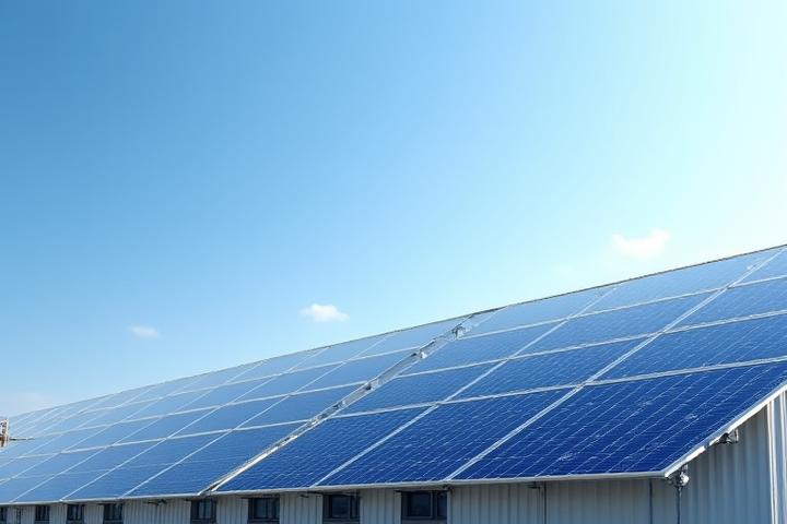 Modern solar panels on a commercial factory roof during a sunny day, symbolizing sustainable financing.