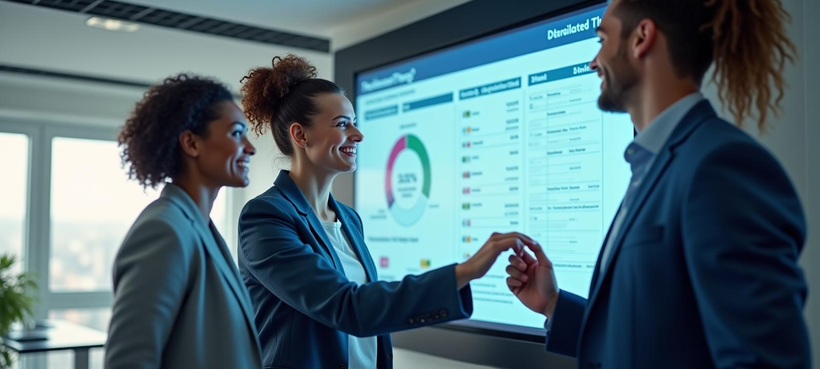 Diverse modern business owners collaborating confidently in a bright office, symbolizing financial clarity and teamwork in business loan decisions.