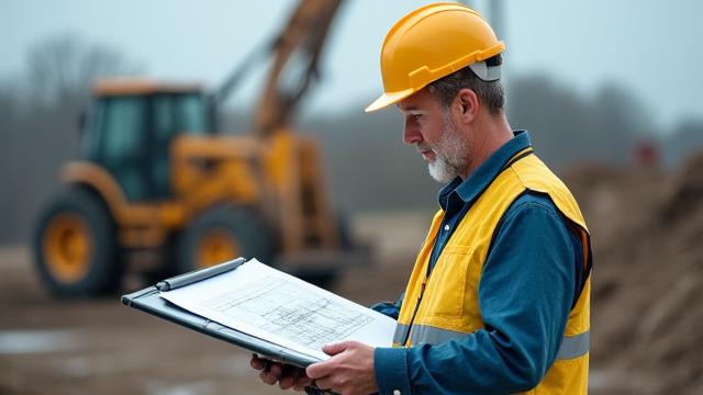 Construction site foreman reviewing blueprints on a job site with heavy machinery nearby.