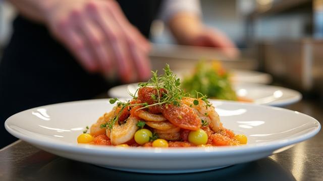 Chef plating a dish elegantly in a professional restaurant kitchen.
