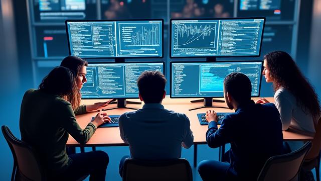 Startup team collaborating around monitors in a modern, well-lit tech office.