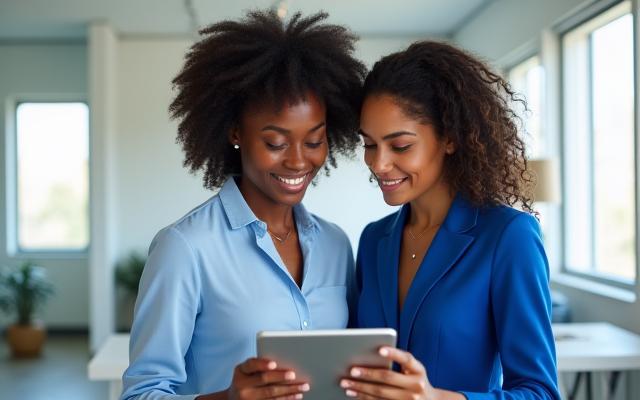 Photo of two women collaborating intently over a digital tablet in a professional setting.
