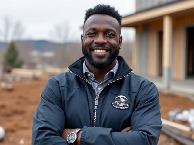 James Thompson, a veteran, standing proudly next to heavy construction equipment.