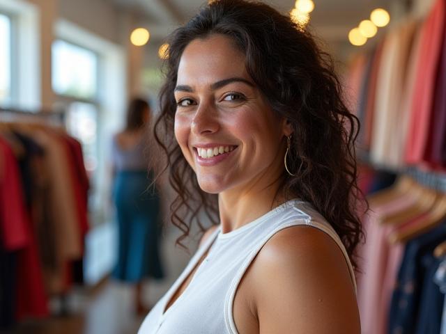 Photo of Maria Rodriguez organizing inventory in her vibrant Miami boutique.