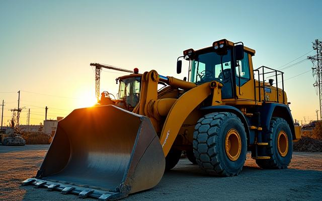 A professional industrial photograph of a bulldozer and an excavator on a construction site at dawn.