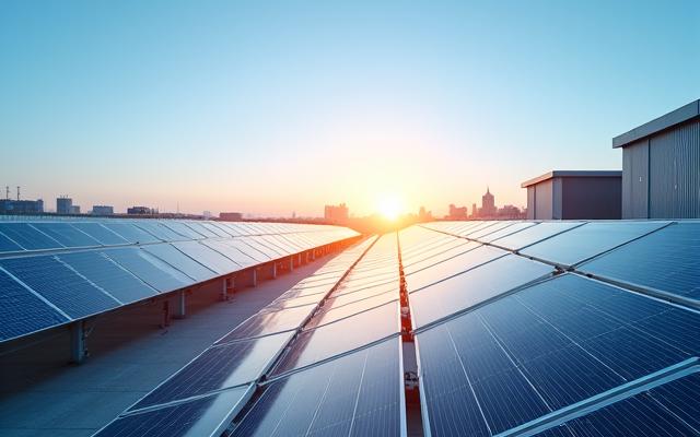 A stylized photo of commercial solar panels being installed on a large roof against a clear blue sky, emphasizing technology and sustainability.