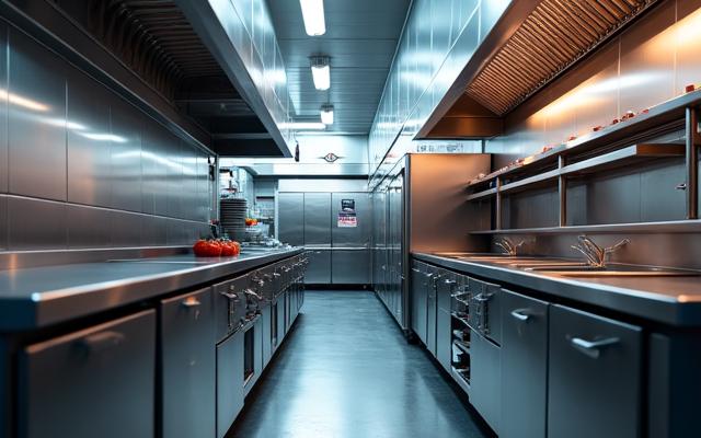 Clean, stainless steel commercial kitchen equipment, including professional ovens and prep stations.