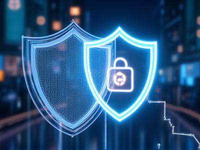 Abstract graphic of a digital shield and padlock representing data privacy and regulatory compliance.