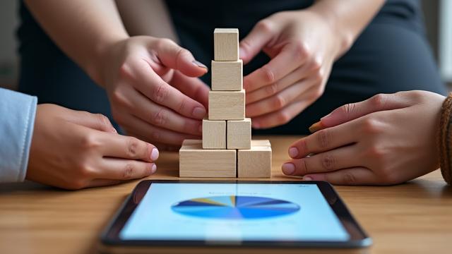 Four diverse hands, representing women, minorities, and veterans, stacking small wooden blocks to build a cohesive structure, symbolizing specialized microloans building startup capital.