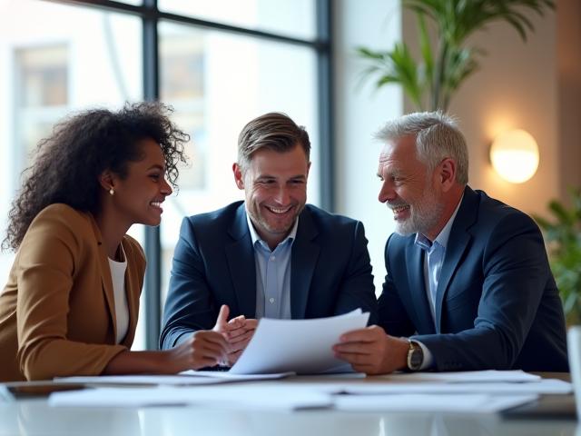 Diverse group of three entrepreneurs smiling and discussing plans around a small table in a modern, light-filled office, symbolizing cooperative success achieved through microloans.